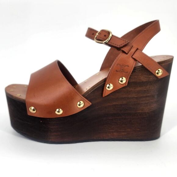 Celine Wooden Platform Wedge Sandals Tan Leather Gold Studs 37 (US 7) - Picture 1 of 17